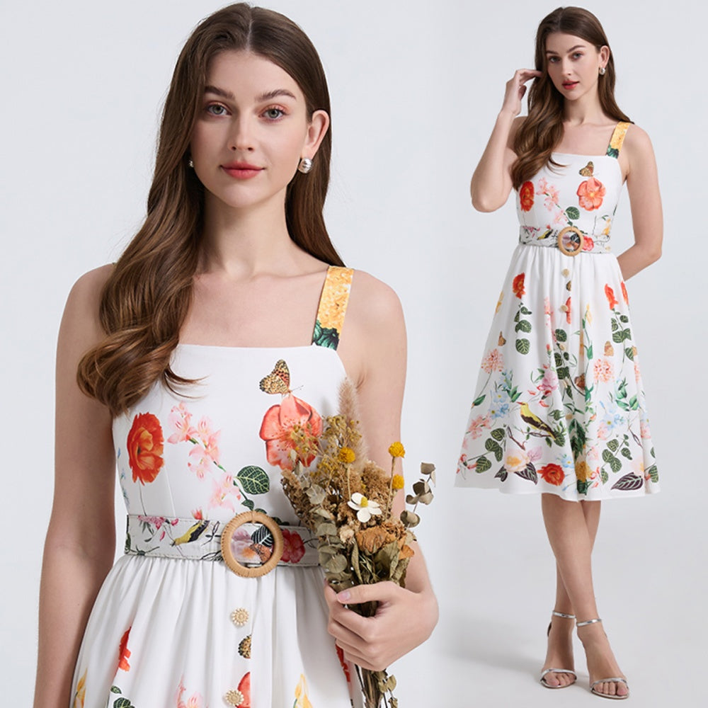 CM-DY039306 Women Elegant European Style Floral Print Square Neck Sleeveless Belted Midi Dress