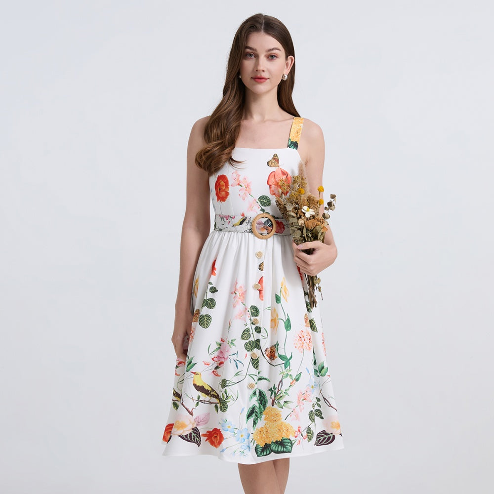 CM-DY039306 Women Elegant European Style Floral Print Square Neck Sleeveless Belted Midi Dress