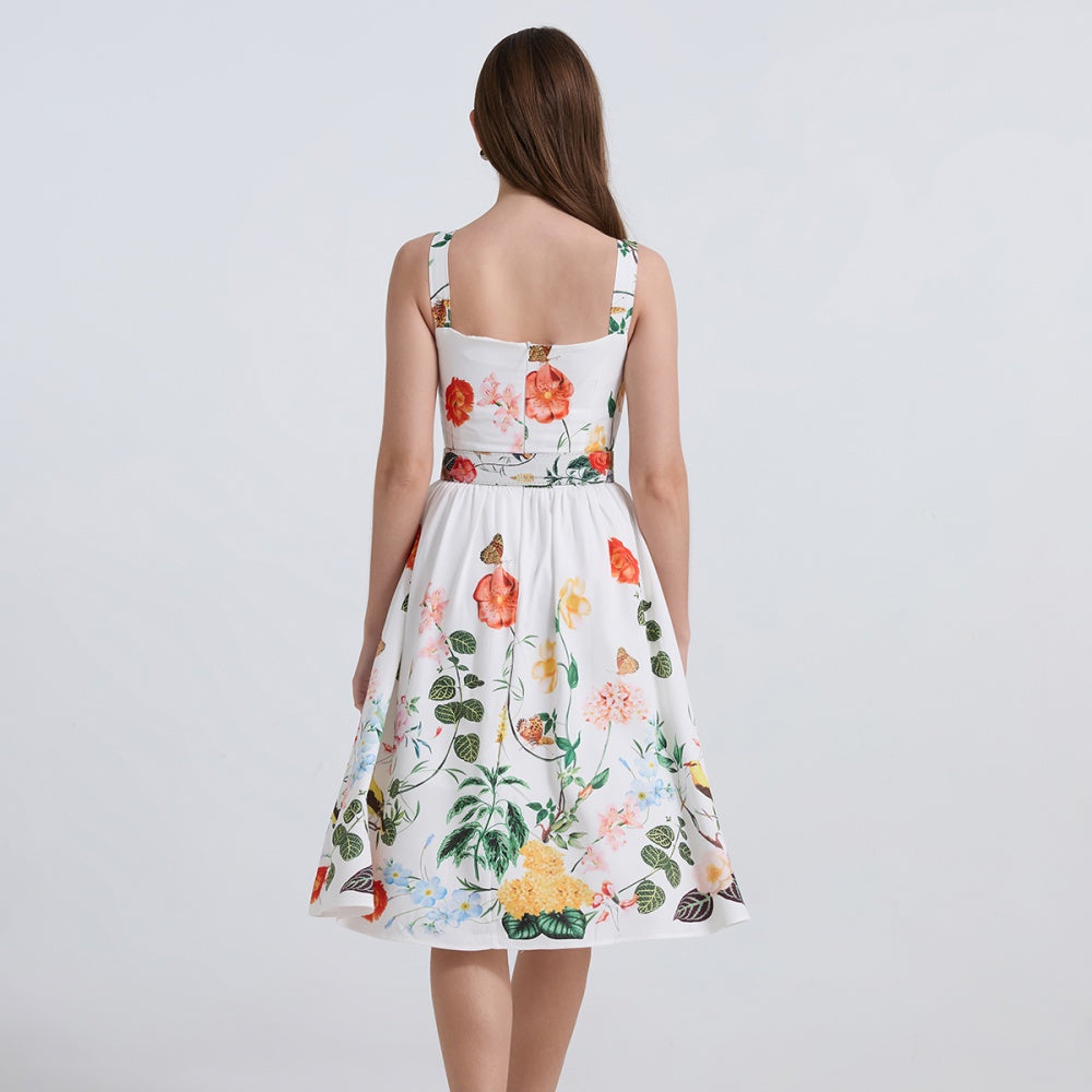 CM-DY039306 Women Elegant European Style Floral Print Square Neck Sleeveless Belted Midi Dress