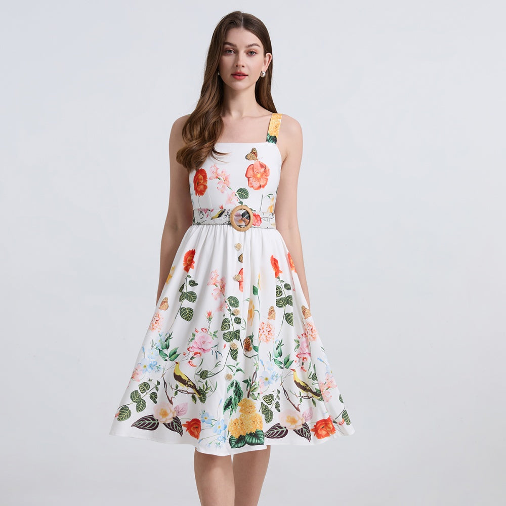 CM-DY039306 Women Elegant European Style Floral Print Square Neck Sleeveless Belted Midi Dress