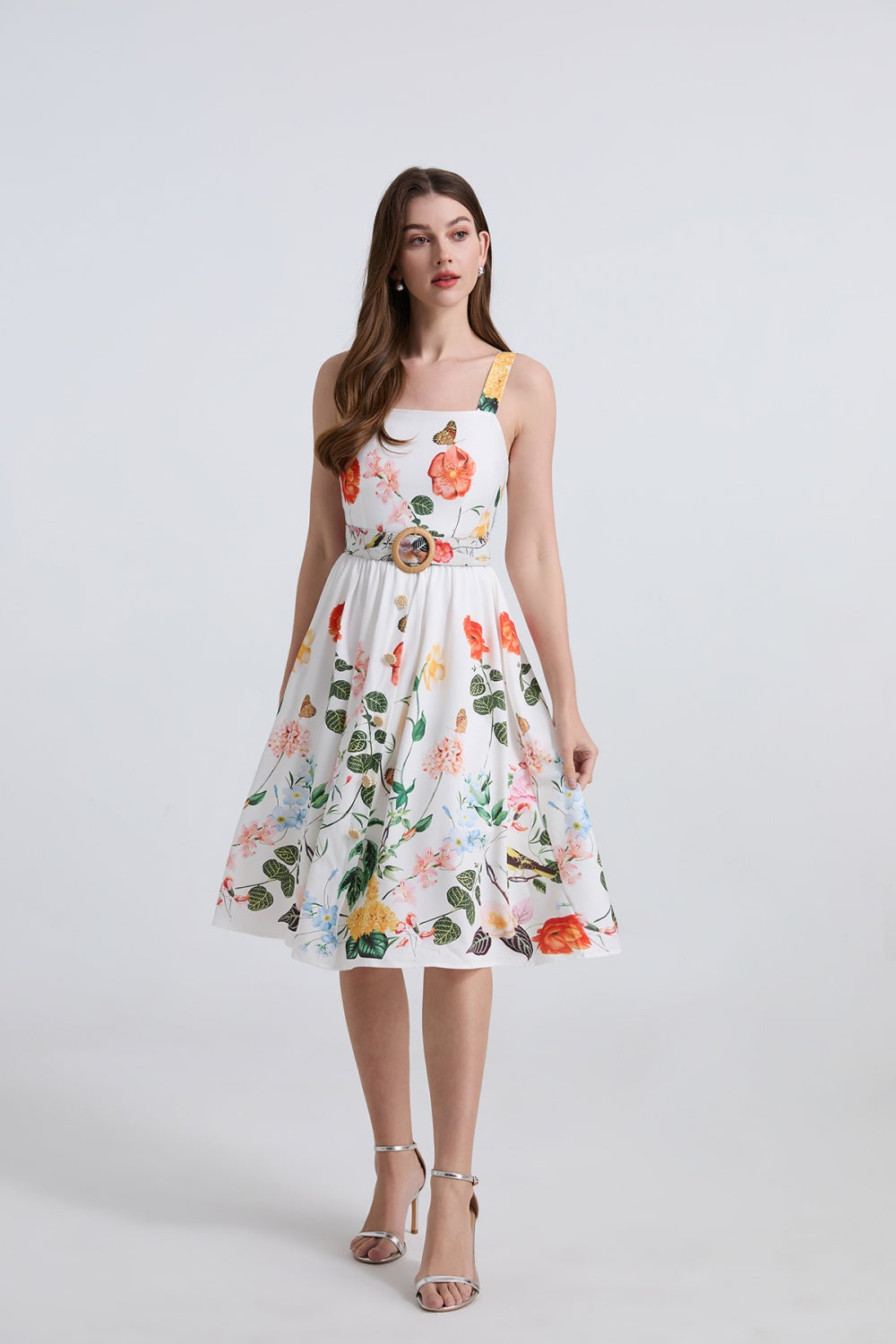 CM-DY039306 Women Elegant European Style Floral Print Square Neck Sleeveless Belted Midi Dress