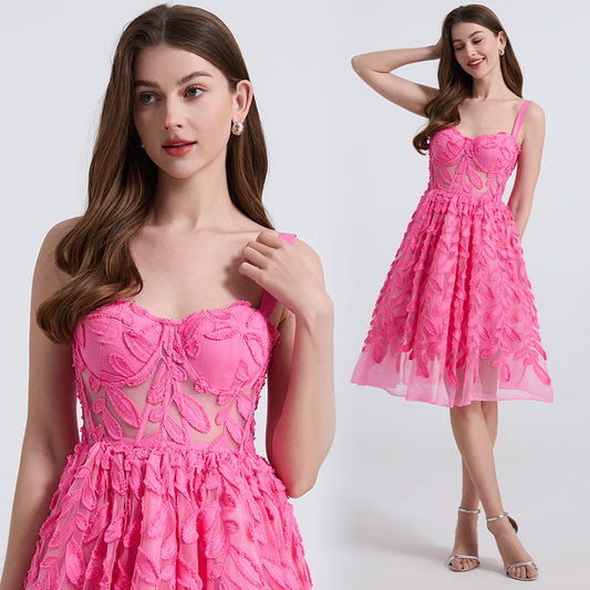 CM-DY039307 Women Elegant European Style Lace Embroidery Sleeveless Slim Midi Dress - Pink