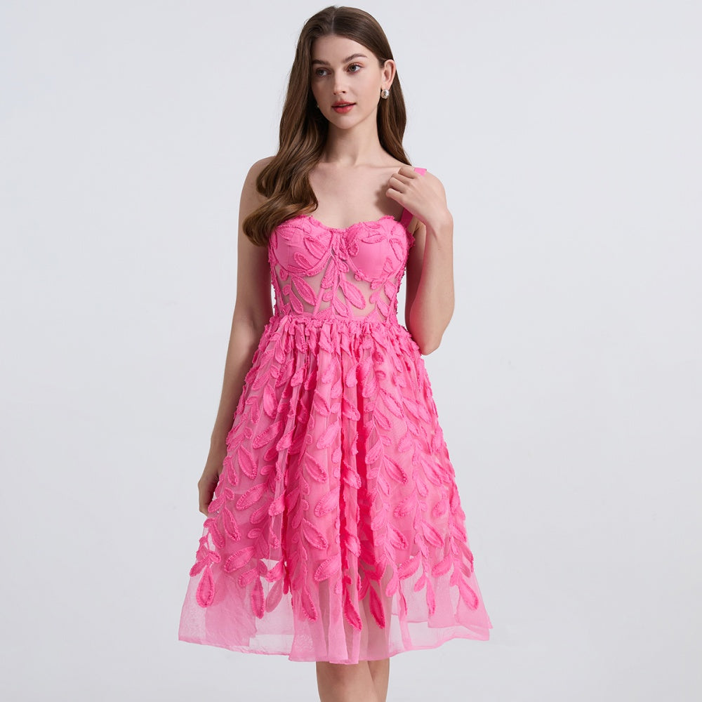 CM-DY039307 Women Elegant European Style Lace Embroidery Sleeveless Slim Midi Dress - Pink