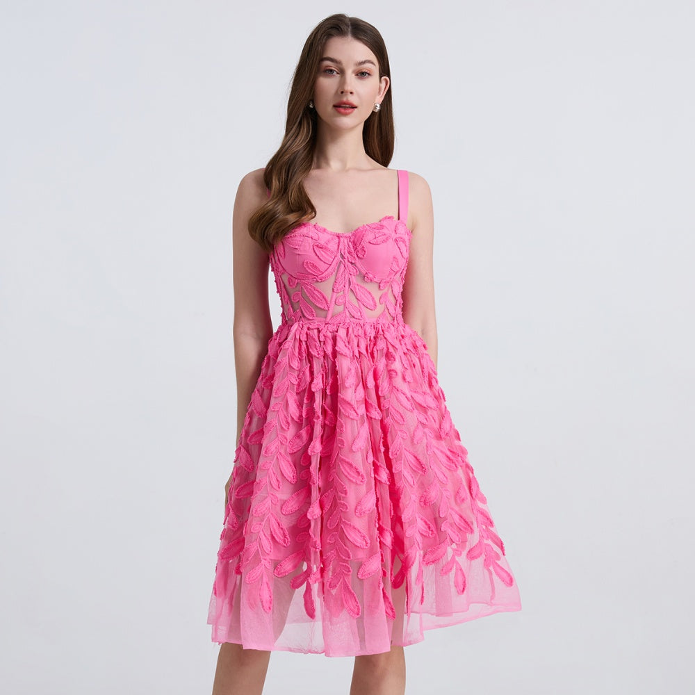 CM-DY039307 Women Elegant European Style Lace Embroidery Sleeveless Slim Midi Dress - Pink