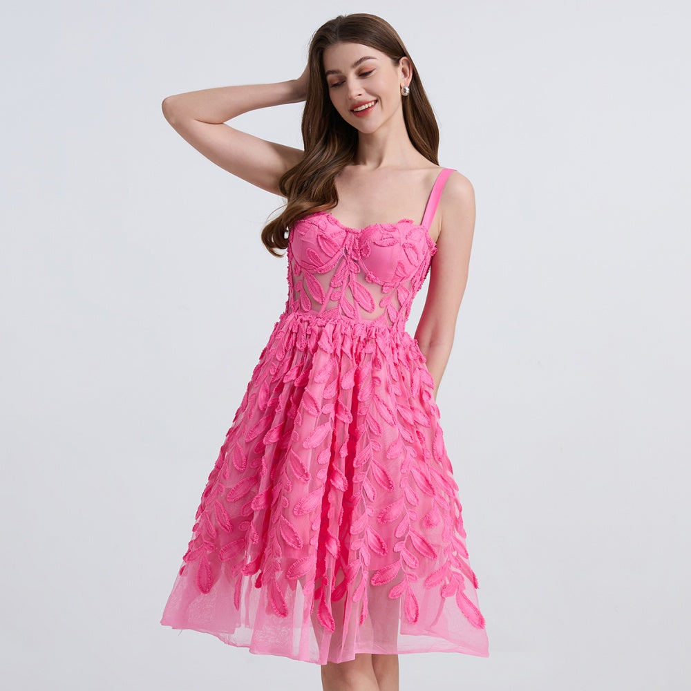 CM-DY039307 Women Elegant European Style Lace Embroidery Sleeveless Slim Midi Dress - Pink