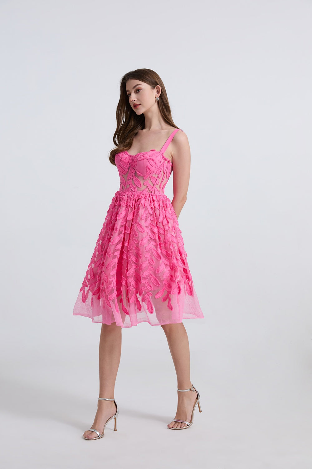 CM-DY039307 Women Elegant European Style Lace Embroidery Sleeveless Slim Midi Dress - Pink
