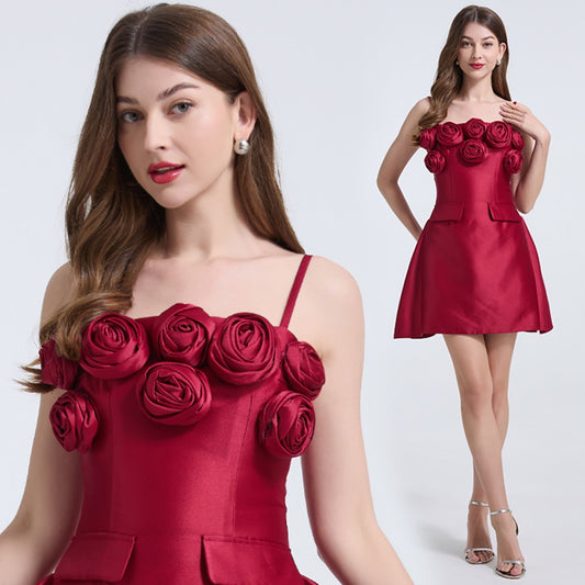 CM-DY039308 Women Elegant European Style Floral Decor Sleeveless Slim Mini Dress - Wine Red