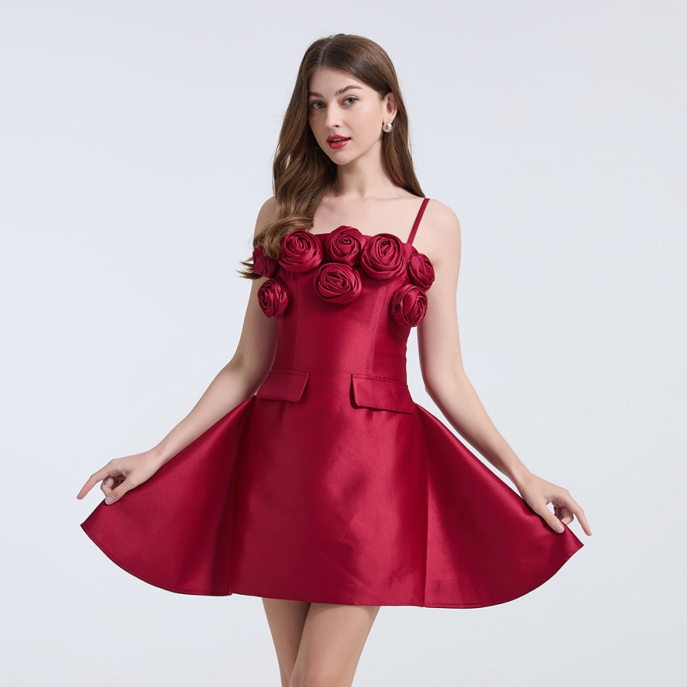 CM-DY039308 Women Elegant European Style Floral Decor Sleeveless Slim Mini Dress - Wine Red