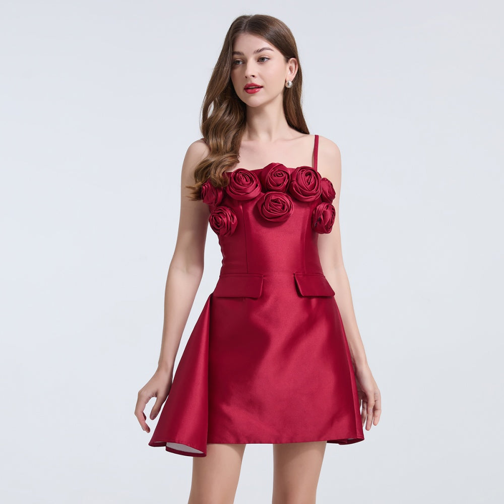 CM-DY039308 Women Elegant European Style Floral Decor Sleeveless Slim Mini Dress - Wine Red