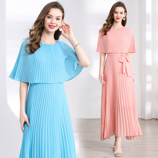 CM-DY039309 Women Elegant Seoul Style Round Neck Half Sleeve Pleated Maxi Dress (Available in 2 colors)