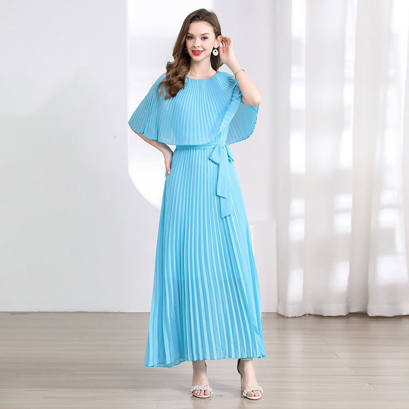 CM-DY039309 Women Elegant Seoul Style Round Neck Half Sleeve Pleated Maxi Dress (Available in 2 colors)