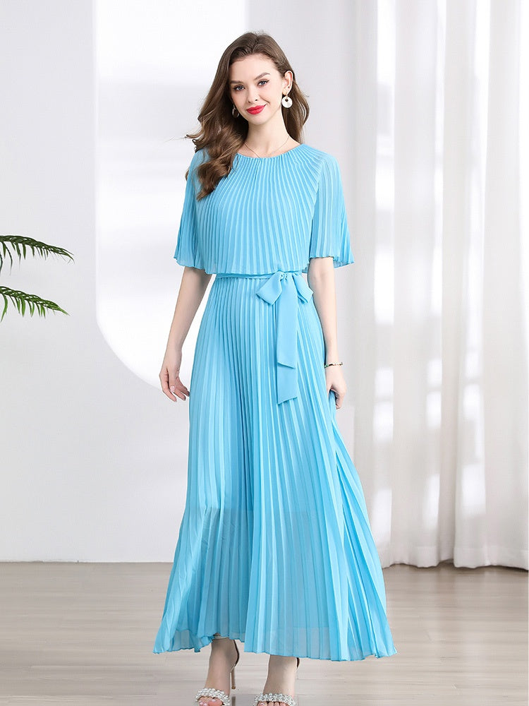 CM-DY039309 Women Elegant Seoul Style Round Neck Half Sleeve Pleated Maxi Dress (Available in 2 colors)