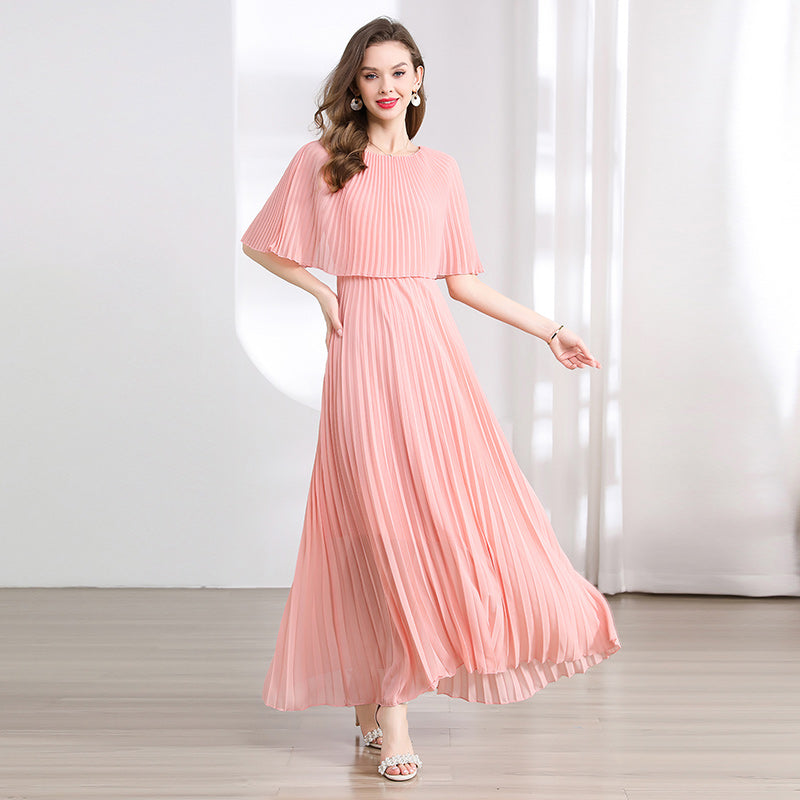 CM-DY039309 Women Elegant Seoul Style Round Neck Half Sleeve Pleated Maxi Dress (Available in 2 colors)