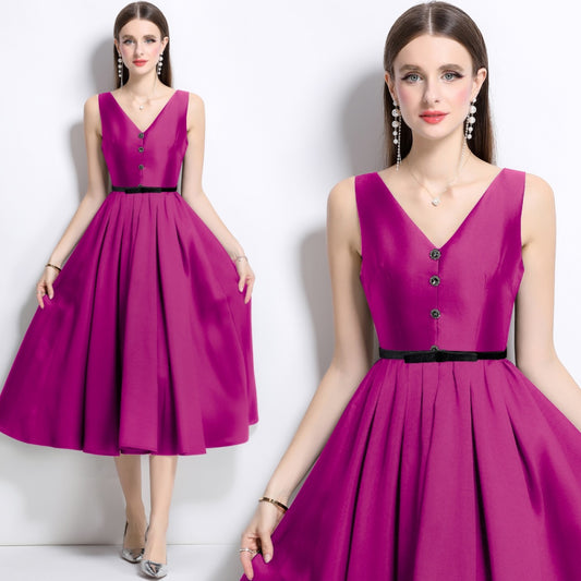 CM-DY039311 Women Elegant European Style V-Neck Sleeveless Slim Belted Dress - Purple