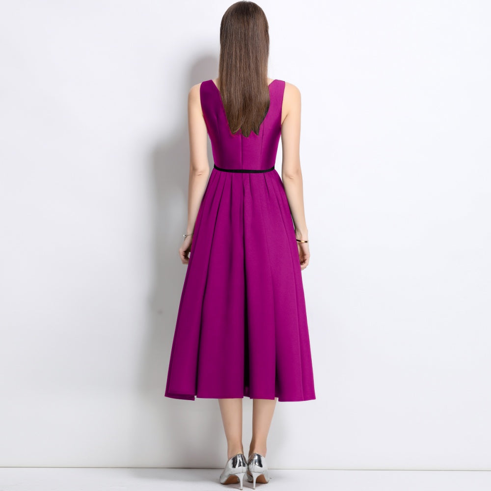CM-DY039311 Women Elegant European Style V-Neck Sleeveless Slim Belted Dress - Purple