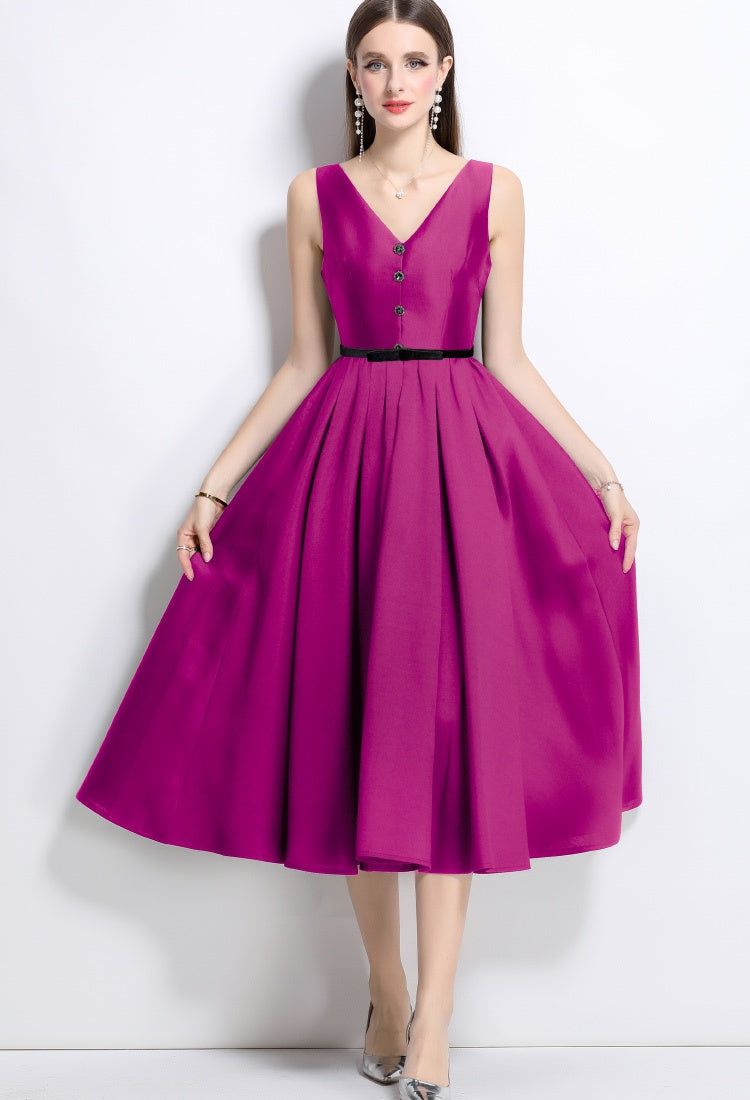 CM-DY039311 Women Elegant European Style V-Neck Sleeveless Slim Belted Dress - Purple