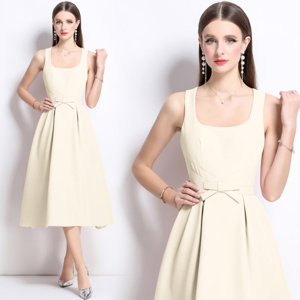 CM-DY039312 Women Elegant European Style Square Collar Sleeveless Pinched Waist Midi Dress - Apricot