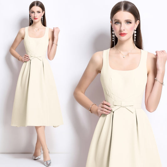 CM-DY039312 Women Elegant European Style Square Collar Sleeveless Pinched Waist Midi Dress - Apricot