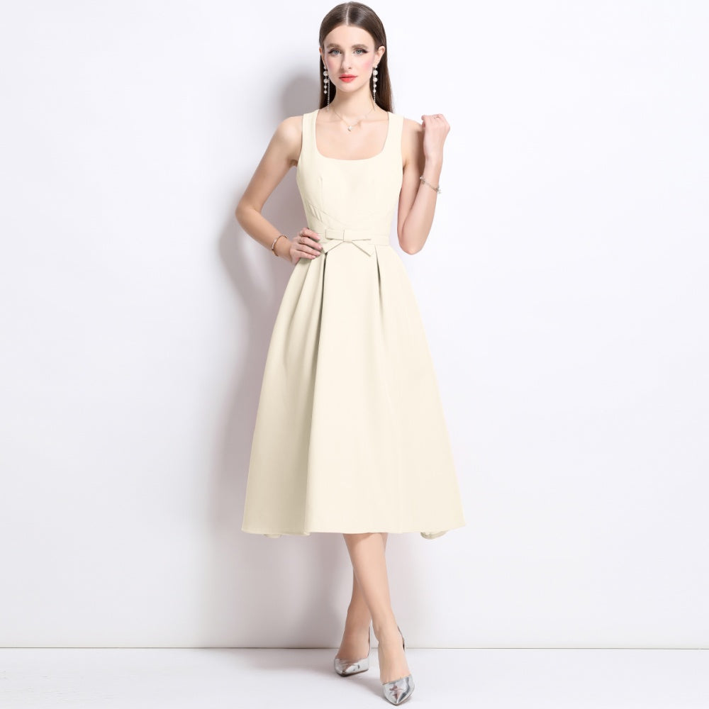 CM-DY039312 Women Elegant European Style Square Collar Sleeveless Pinched Waist Midi Dress - Apricot