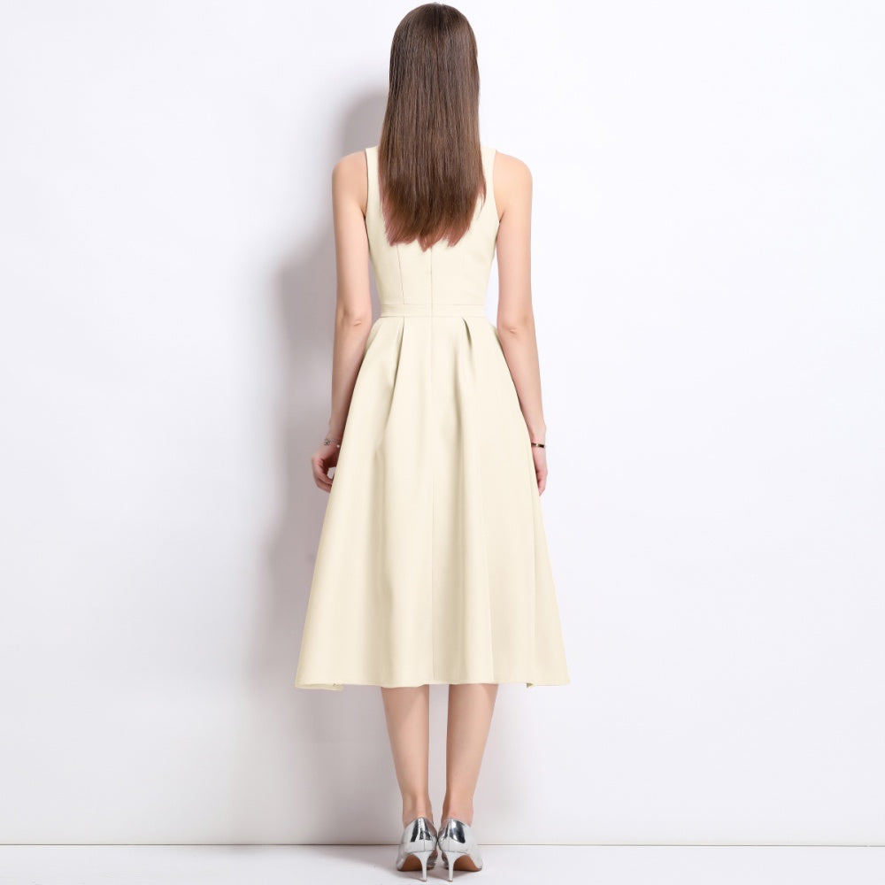 CM-DY039312 Women Elegant European Style Square Collar Sleeveless Pinched Waist Midi Dress - Apricot