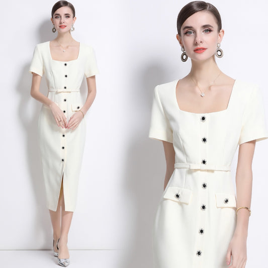 CM-DY039313 Women Elegant European Style Square Collar Short Sleeve Belted Midi Dress - Apricot