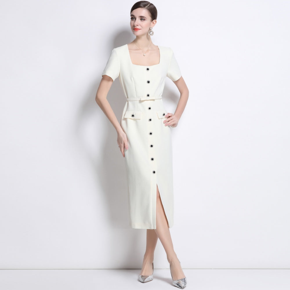 CM-DY039313 Women Elegant European Style Square Collar Short Sleeve Belted Midi Dress - Apricot