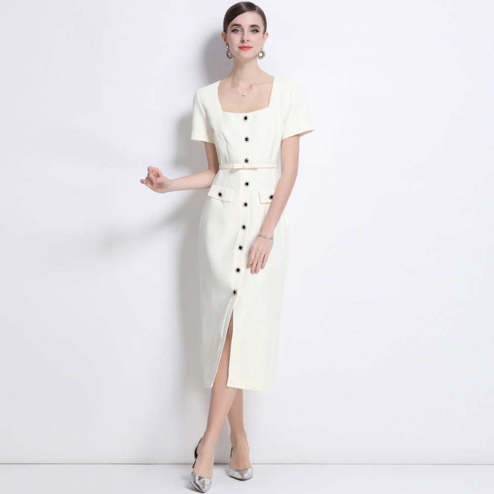 CM-DY039313 Women Elegant European Style Square Collar Short Sleeve Belted Midi Dress - Apricot