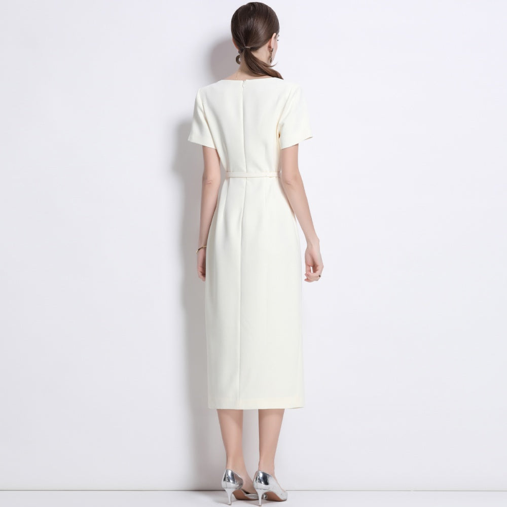 CM-DY039313 Women Elegant European Style Square Collar Short Sleeve Belted Midi Dress - Apricot