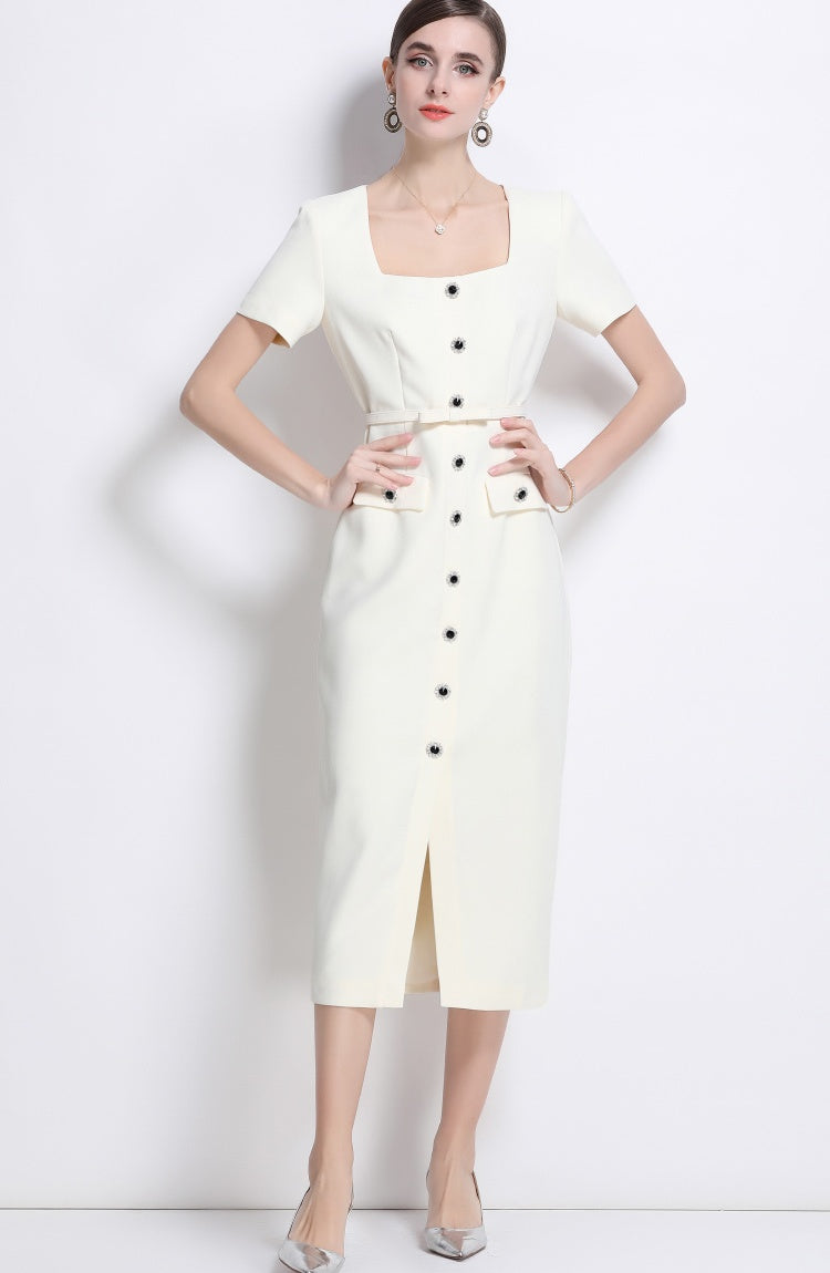 CM-DY039313 Women Elegant European Style Square Collar Short Sleeve Belted Midi Dress - Apricot