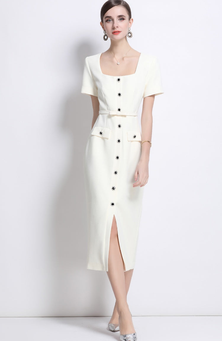 CM-DY039313 Women Elegant European Style Square Collar Short Sleeve Belted Midi Dress - Apricot
