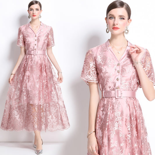 CM-DY039335 Women Elegant European Style V-Neck Short Sleeve Embroidered Gauze Belted Dress - Pink