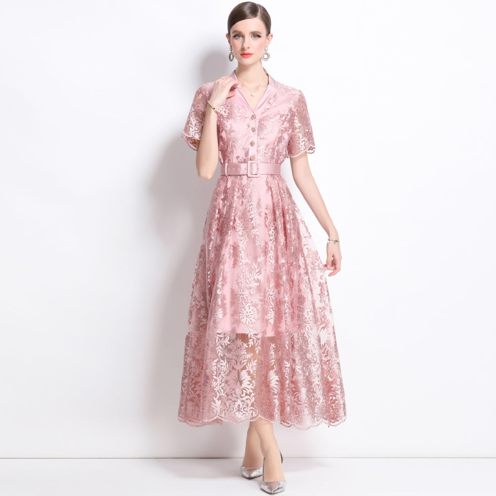 CM-DY039335 Women Elegant European Style V-Neck Short Sleeve Embroidered Gauze Belted Dress - Pink