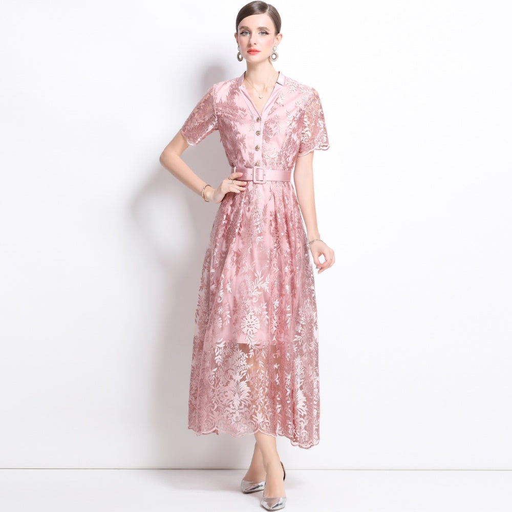 CM-DY039335 Women Elegant European Style V-Neck Short Sleeve Embroidered Gauze Belted Dress - Pink