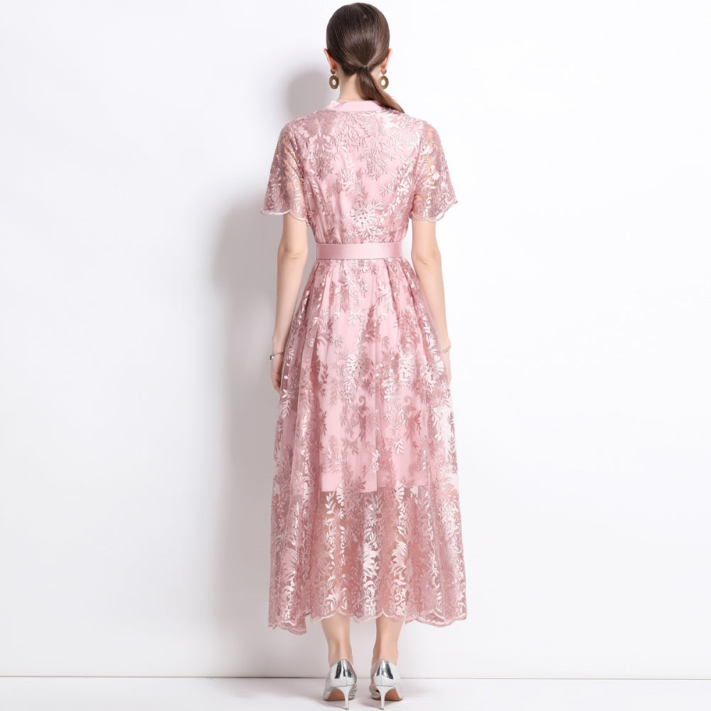 CM-DY039335 Women Elegant European Style V-Neck Short Sleeve Embroidered Gauze Belted Dress - Pink