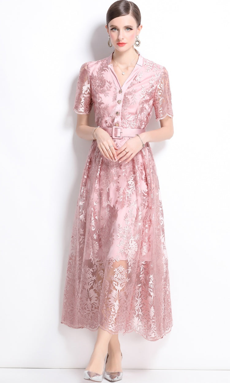 CM-DY039335 Women Elegant European Style V-Neck Short Sleeve Embroidered Gauze Belted Dress - Pink