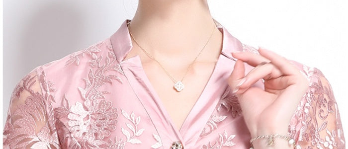 CM-DY039335 Women Elegant European Style V-Neck Short Sleeve Embroidered Gauze Belted Dress - Pink