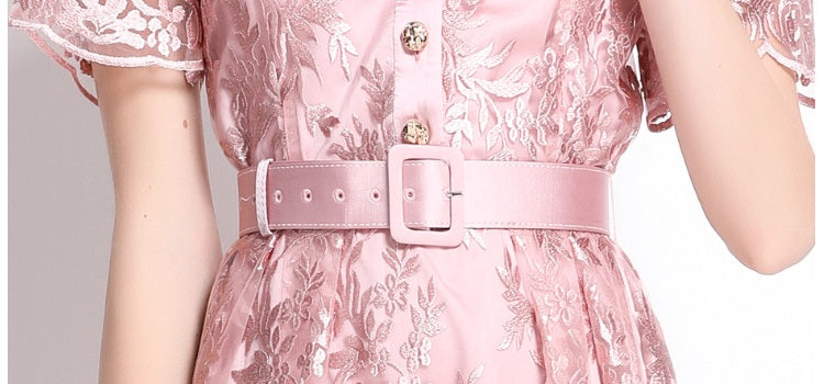 CM-DY039335 Women Elegant European Style V-Neck Short Sleeve Embroidered Gauze Belted Dress - Pink