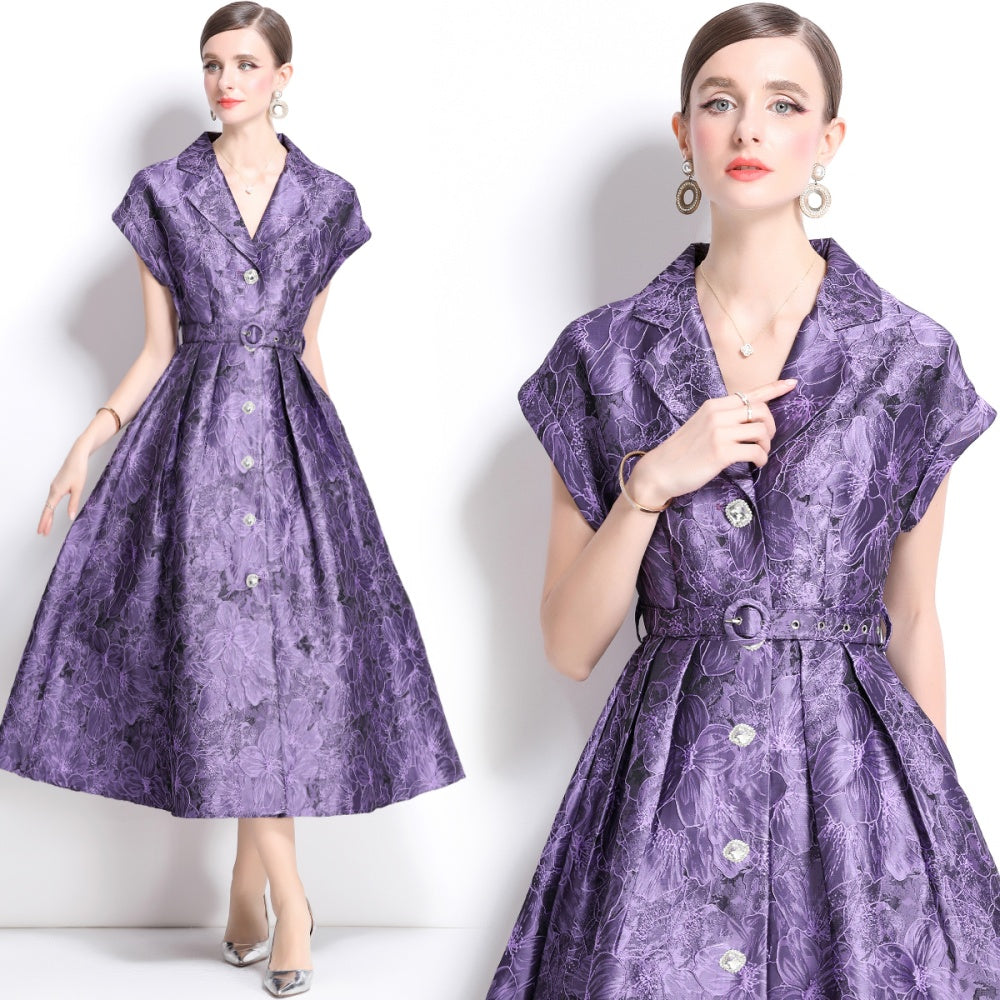 CM-DY039657 Women Elegant European Style V-Neck Short Sleeve Mid-Length Dress - Purple