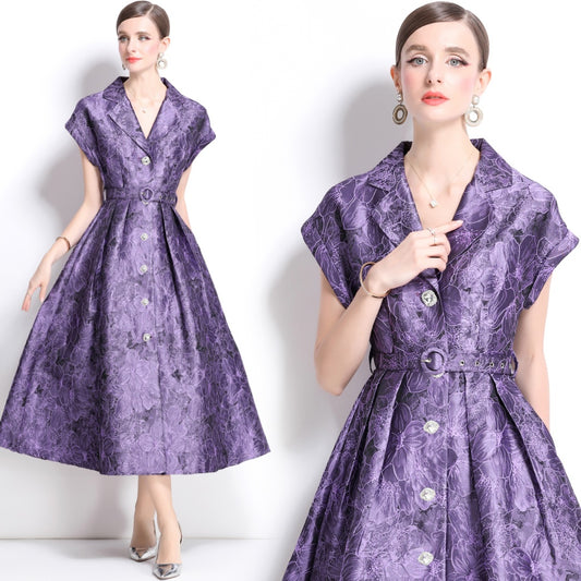 CM-DY039657 Women Elegant European Style V-Neck Short Sleeve Mid-Length Dress - Purple