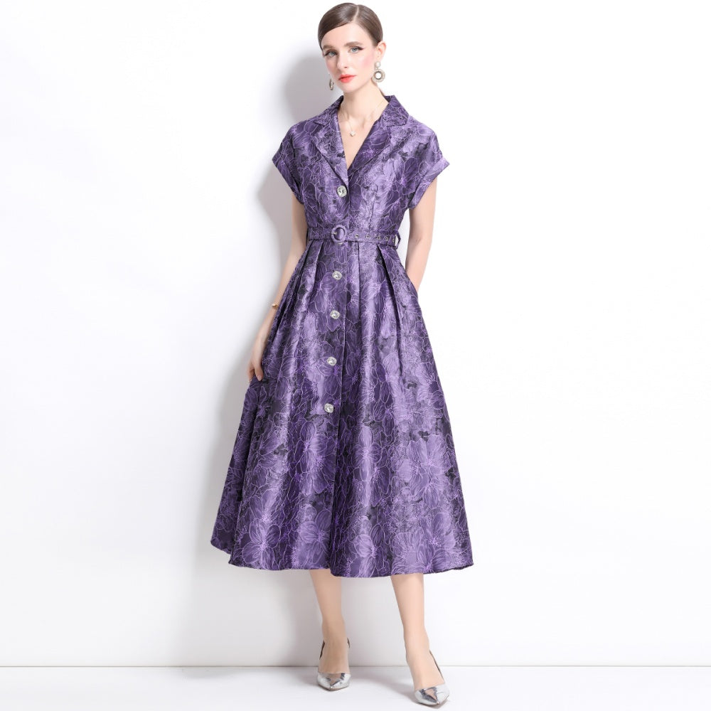 CM-DY039657 Women Elegant European Style V-Neck Short Sleeve Mid-Length Dress - Purple