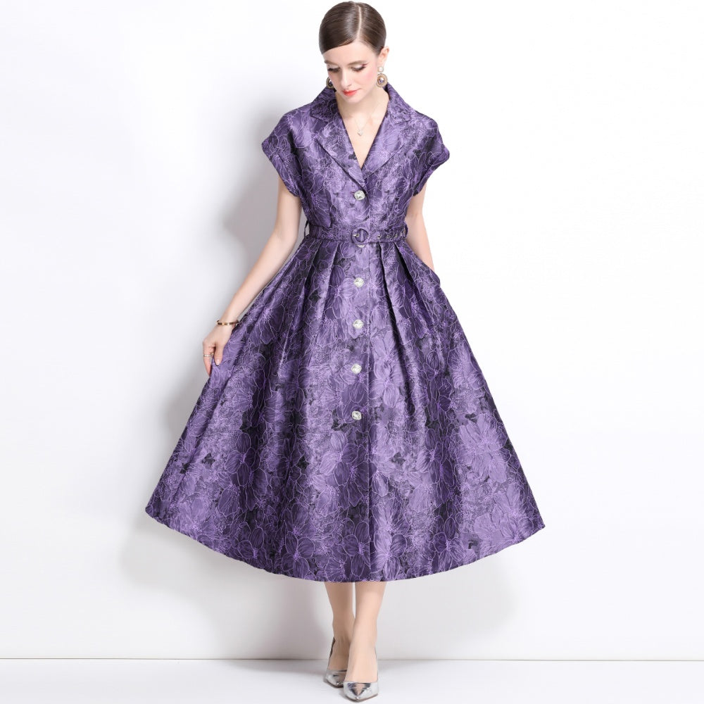 CM-DY039657 Women Elegant European Style V-Neck Short Sleeve Mid-Length Dress - Purple