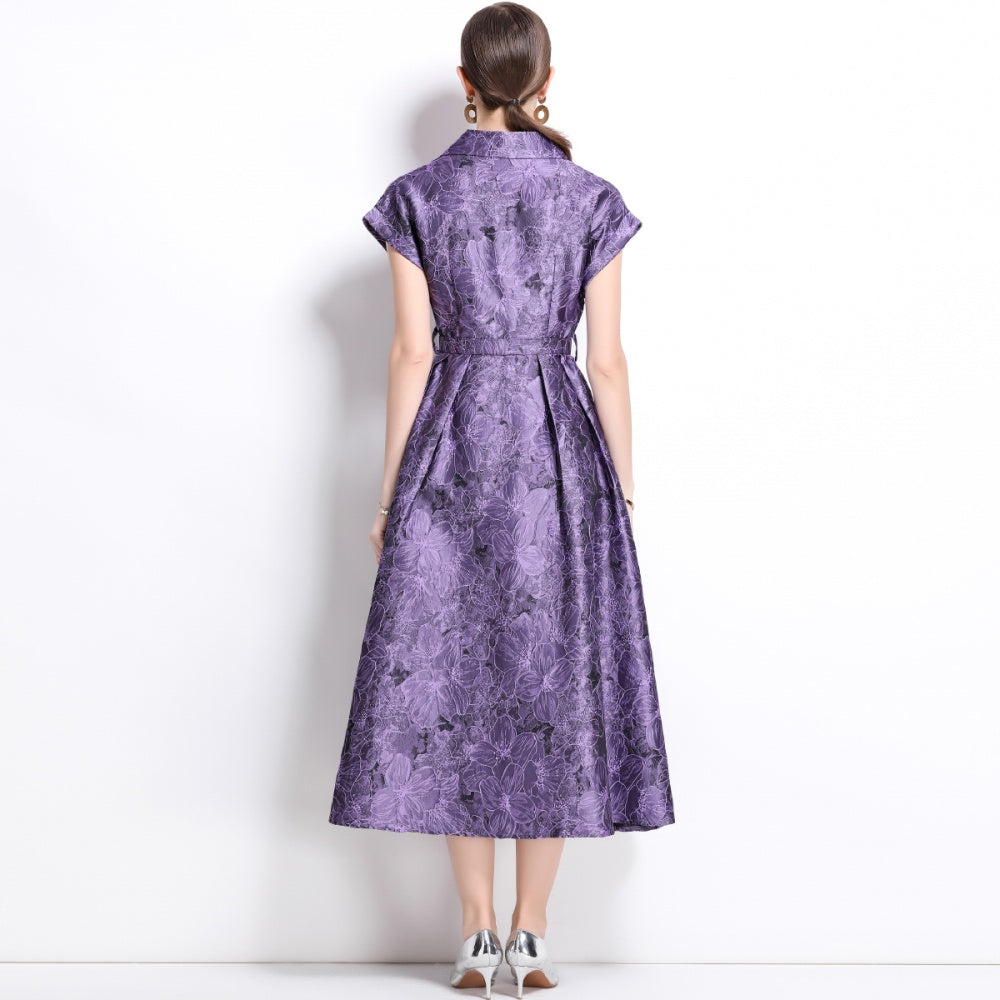 CM-DY039657 Women Elegant European Style V-Neck Short Sleeve Mid-Length Dress - Purple