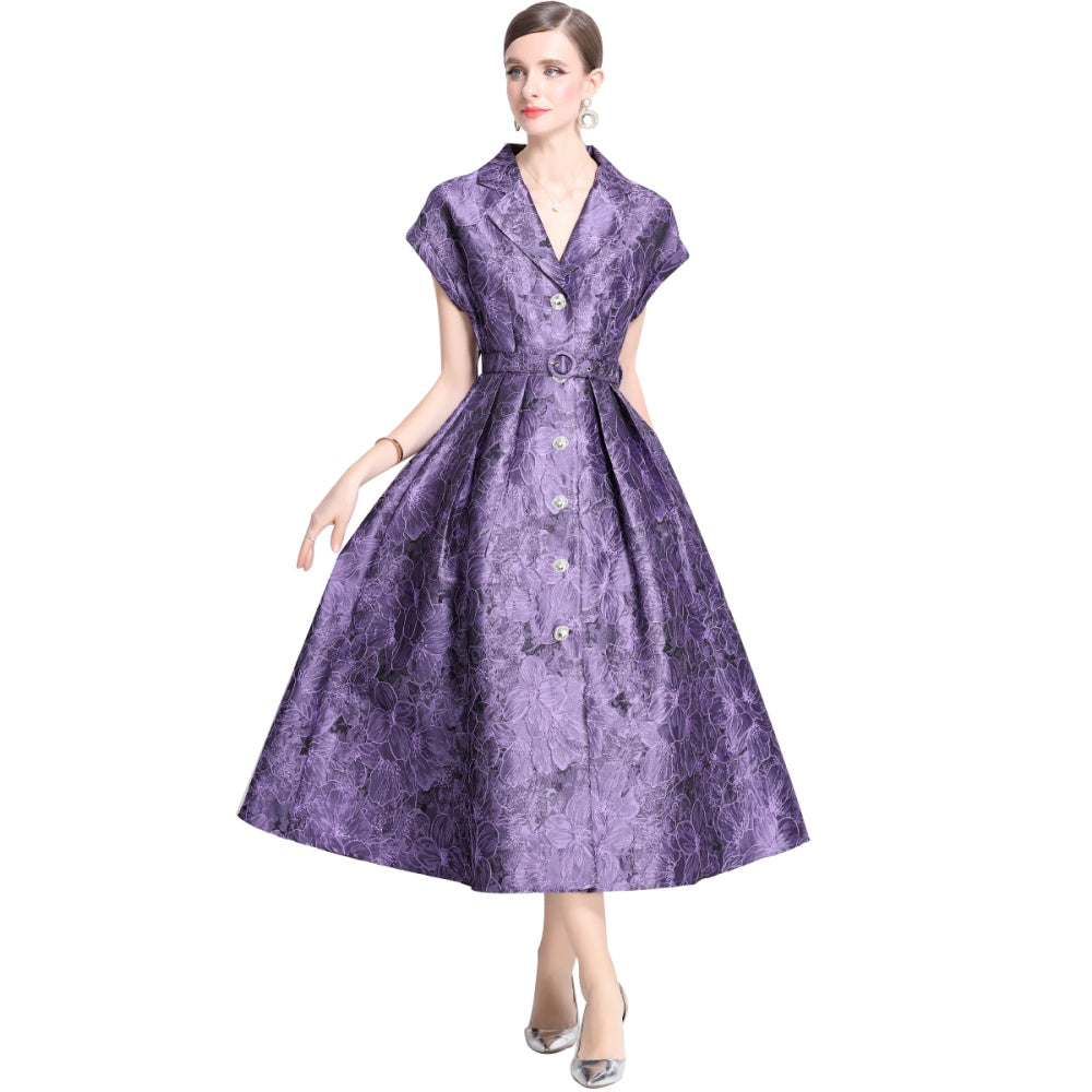 CM-DY039657 Women Elegant European Style V-Neck Short Sleeve Mid-Length Dress - Purple