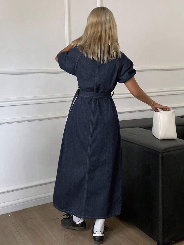 CM-DS617470 Women Casual Seoul Style V-Neck Waist Cinched Short Sleeve Mid-Length Denim Dress - Blue