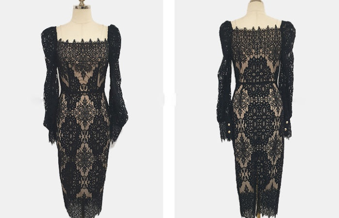 CM-DY040163 Women Elegant Seoul Style Lace Square Collar Long Sleeve Midi Dress - Black