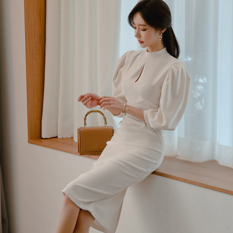 CM-DY040164 Women Elegant European Style Stand Collar 3/4 Sleeve Slim Midi Dress - White