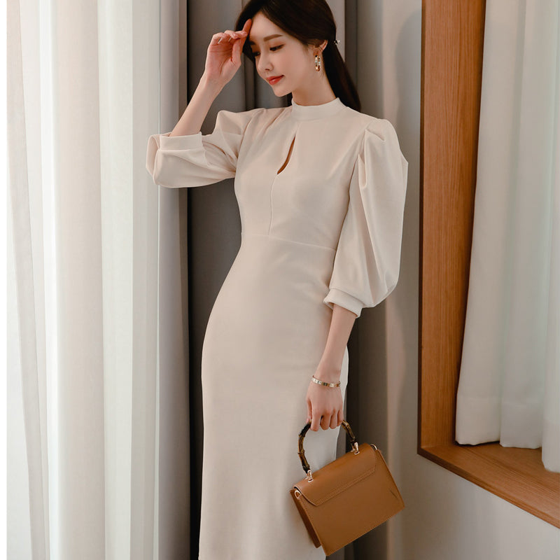 CM-DY040164 Women Elegant European Style Stand Collar 3/4 Sleeve Slim Midi Dress - White