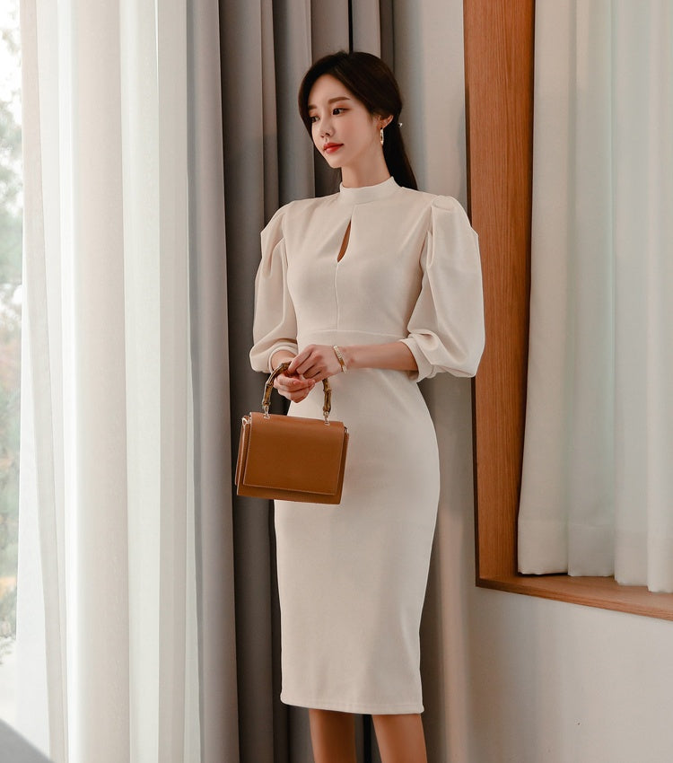 CM-DY040164 Women Elegant European Style Stand Collar 3/4 Sleeve Slim Midi Dress - White
