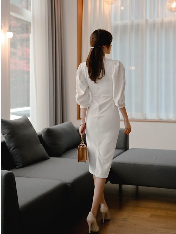 CM-DY040164 Women Elegant European Style Stand Collar 3/4 Sleeve Slim Midi Dress - White