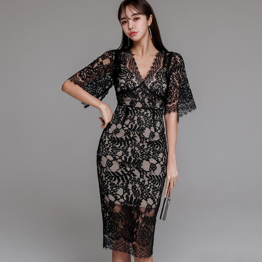 CM-DY040165 Women Elegant Seoul Style V-Neck Batwing Sleeve Slim Lace Midi Dress - Black